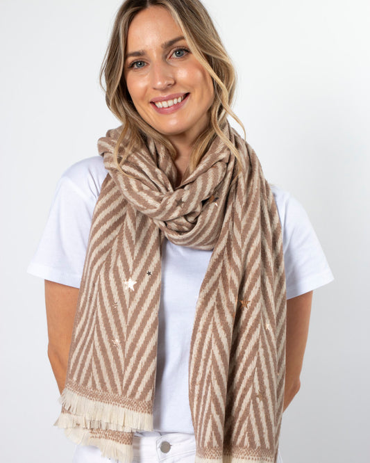 Stella + Gemma | Scarf | Diagonal Tan Stripe With Silver Stars