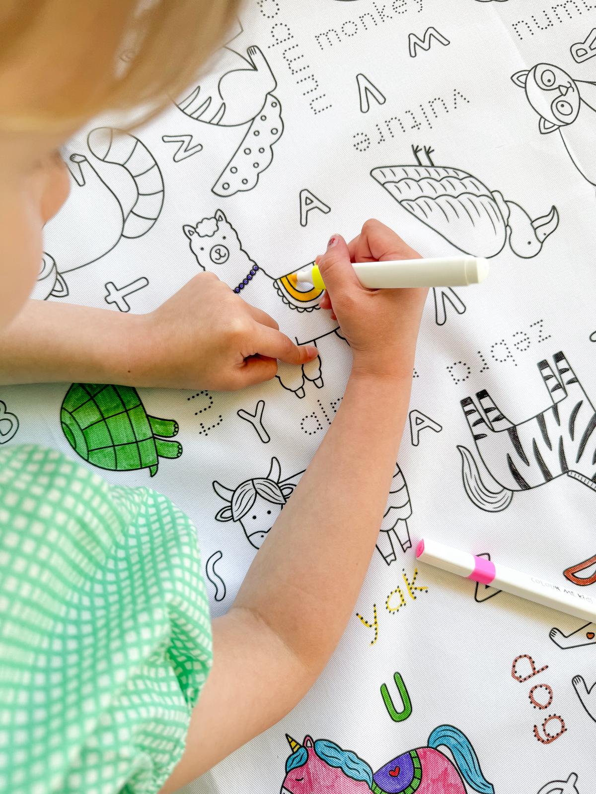 Colour Me | Washable Reusable Colouring Tablecloth | Alphabet Animals