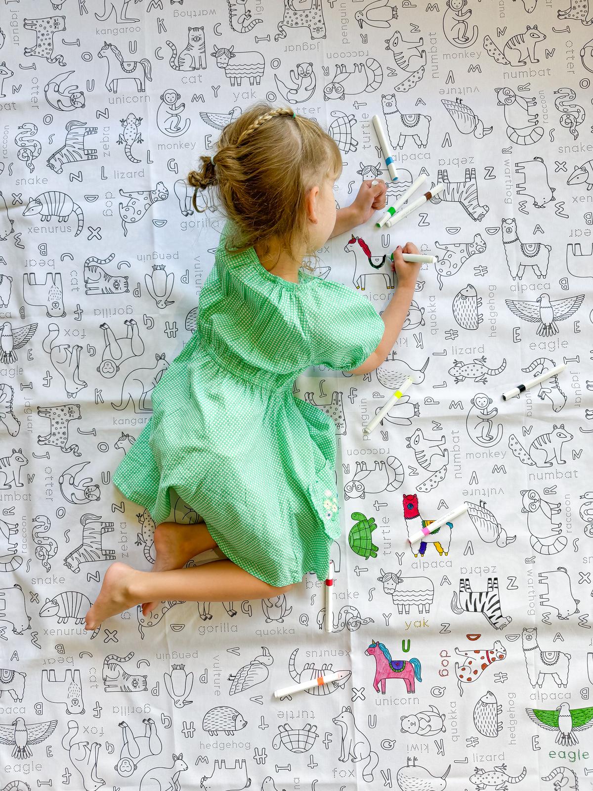 Colour Me | Washable Reusable Colouring Tablecloth | Alphabet Animals