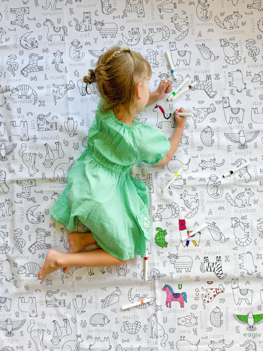 Colour Me | Washable Reusable Colouring Tablecloth | Alphabet Animals