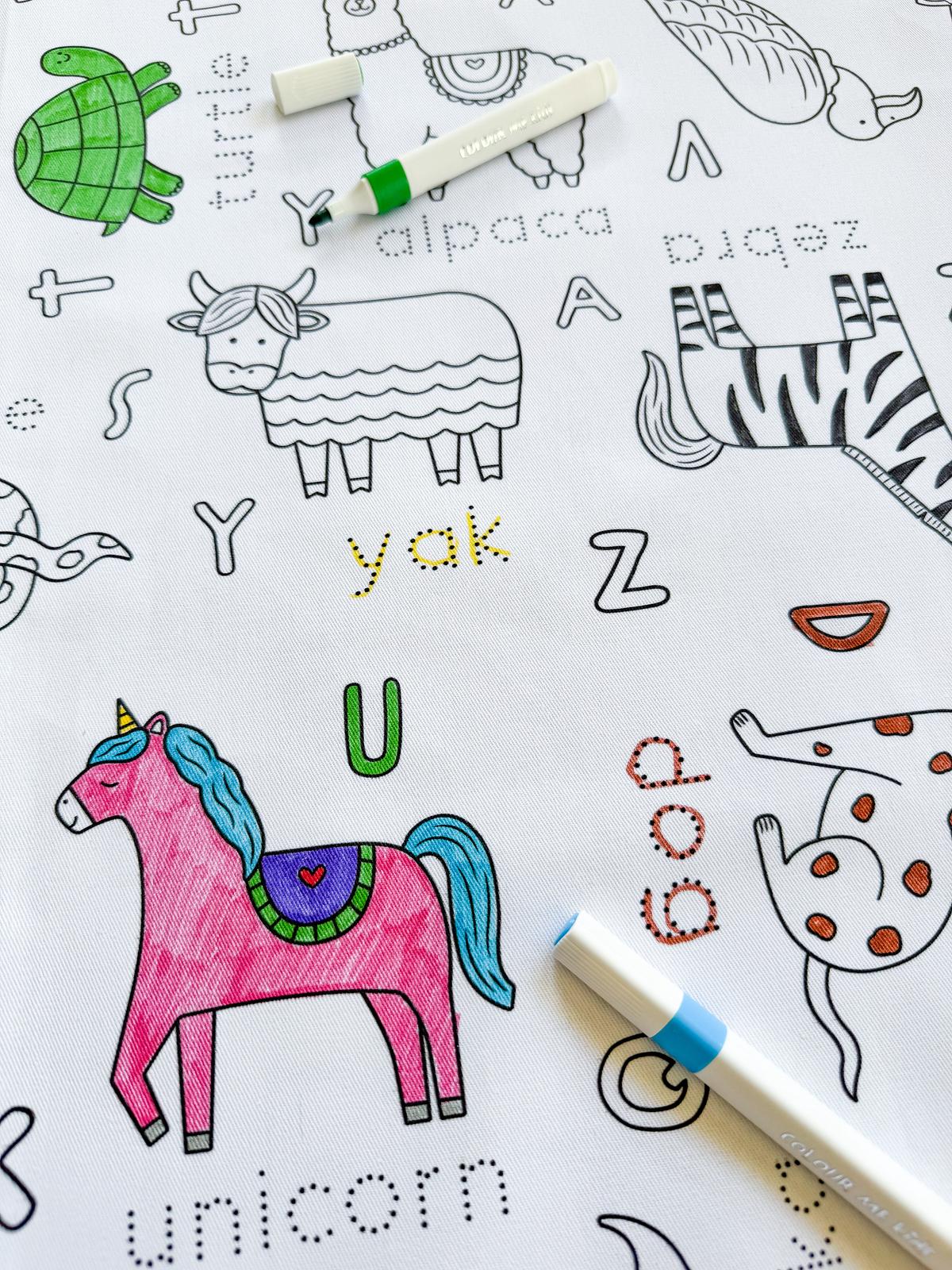Colour Me | Washable Reusable Colouring Tablecloth | Alphabet Animals